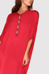 Kaftan Lorea Embroidered Neckline Batwing Sleeve Maxi Dress in Raspberry