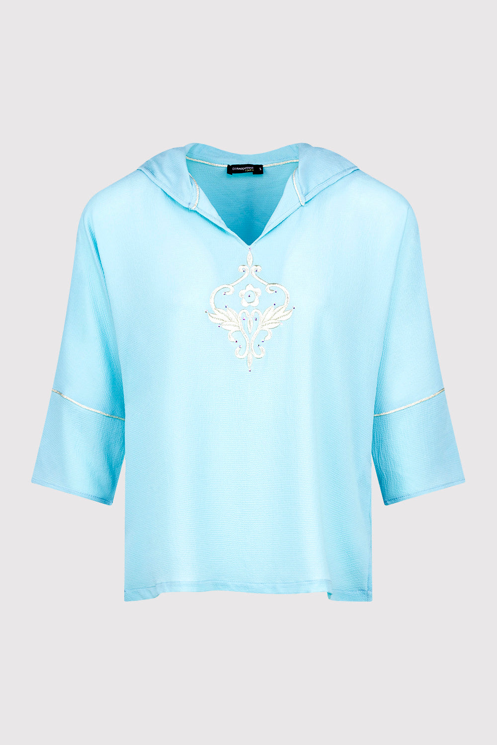 Katalina Embroidered Lightweight Casual Hooded Top in Blue