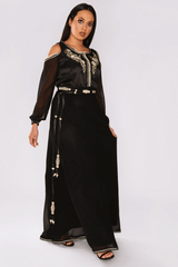 Lebssa Hortence Cold Shoulder Long Sleeve Occasion Wear Formal Long Maxi Dress and Belt in Black