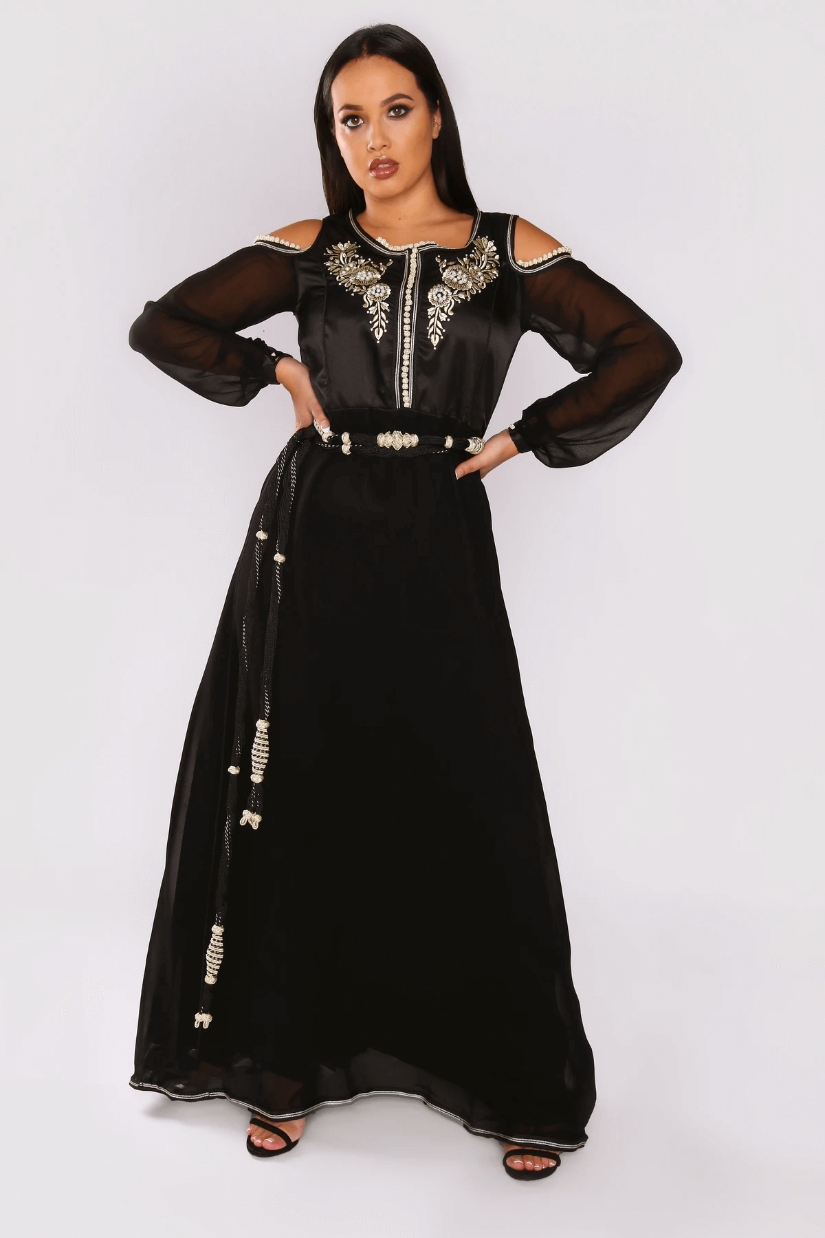 Lebssa Hortence Cold Shoulder Long Sleeve Occasion Wear Formal Long Maxi Dress and Belt in Black