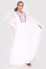 Kaftan Josette Colour Embroidery Sheer Long Sleeve Maxi Dress in White