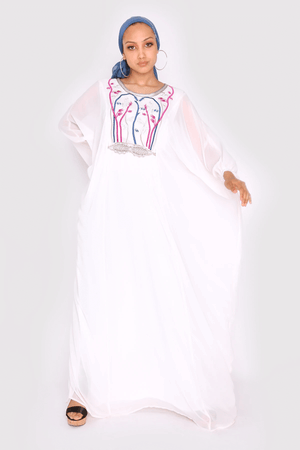 Kaftan Josette Colour Embroidery Sheer Long Sleeve Maxi Dress in White