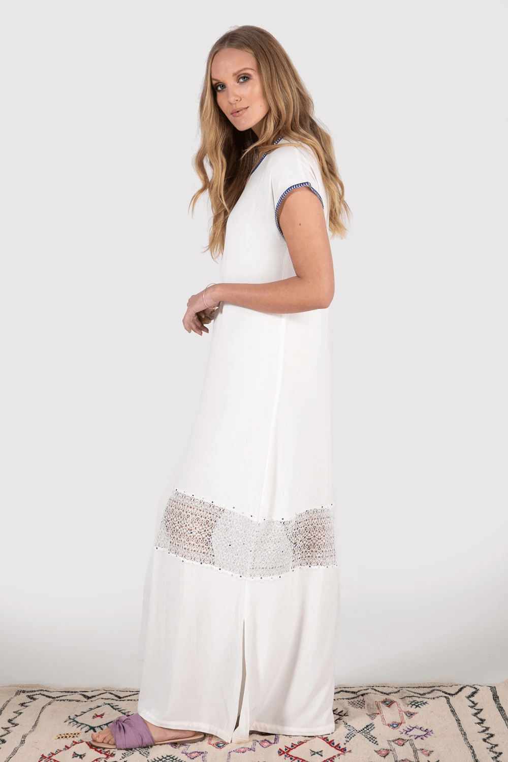 Kaftan Lovely Short Sleeve Contrast Trim Sheer Panel Maxi Dress in White