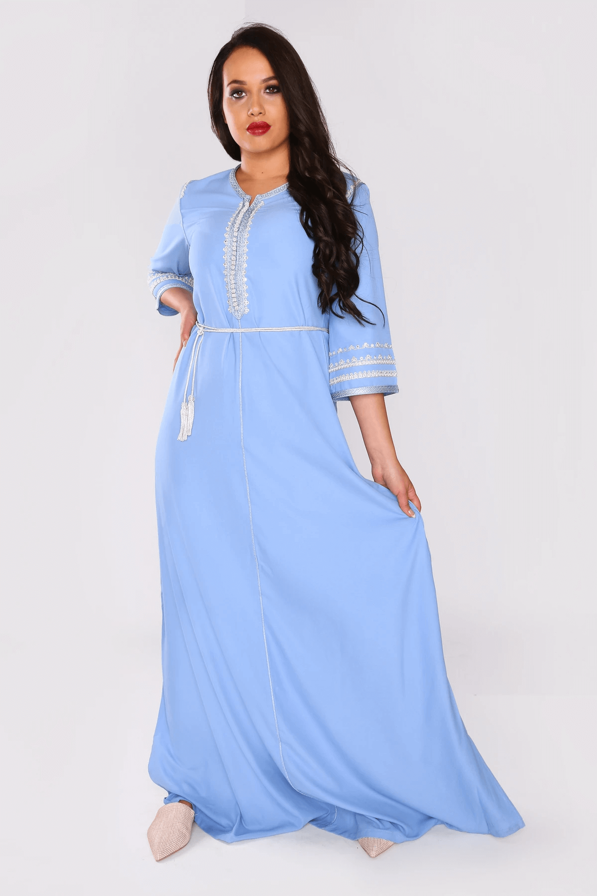 Lebssa Lucrece Occasion Wear Cropped Sleeve Full-Length Evening Dress with Belt in Blue