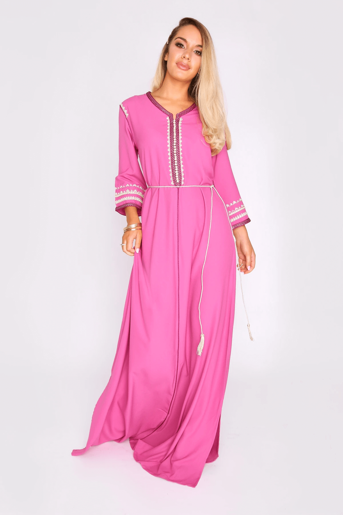 Lebssa Lucrece Occasion Wear Cropped Sleeve Full-Length Evening Dress with Belt inåÊFuschia Pink