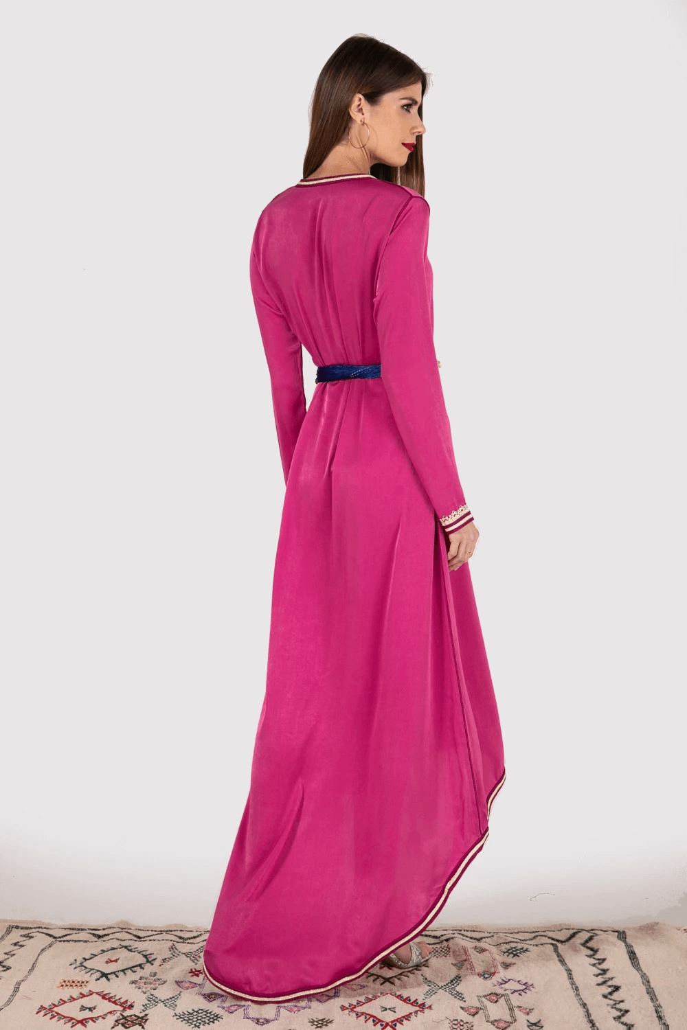 Lebssa Starlight Occasion Wear High-Low Hem Long Sleeve Dress with Belt in Fuschia