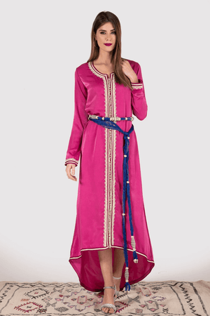 Lebssa Starlight Occasion Wear High-Low Hem Long Sleeve Dress with Belt in Fuschia