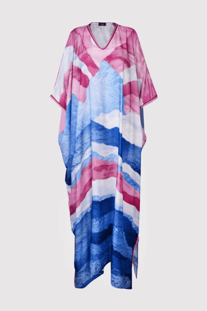 Kaftan Yolanda Cold Shoulder Cropped Sleeve V-Neck Maxi Dress in Blue and Fuschia Print