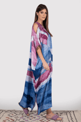 Kaftan Yolanda Cold Shoulder Cropped Sleeve V-Neck Maxi Dress in Blue and Fuschia Print