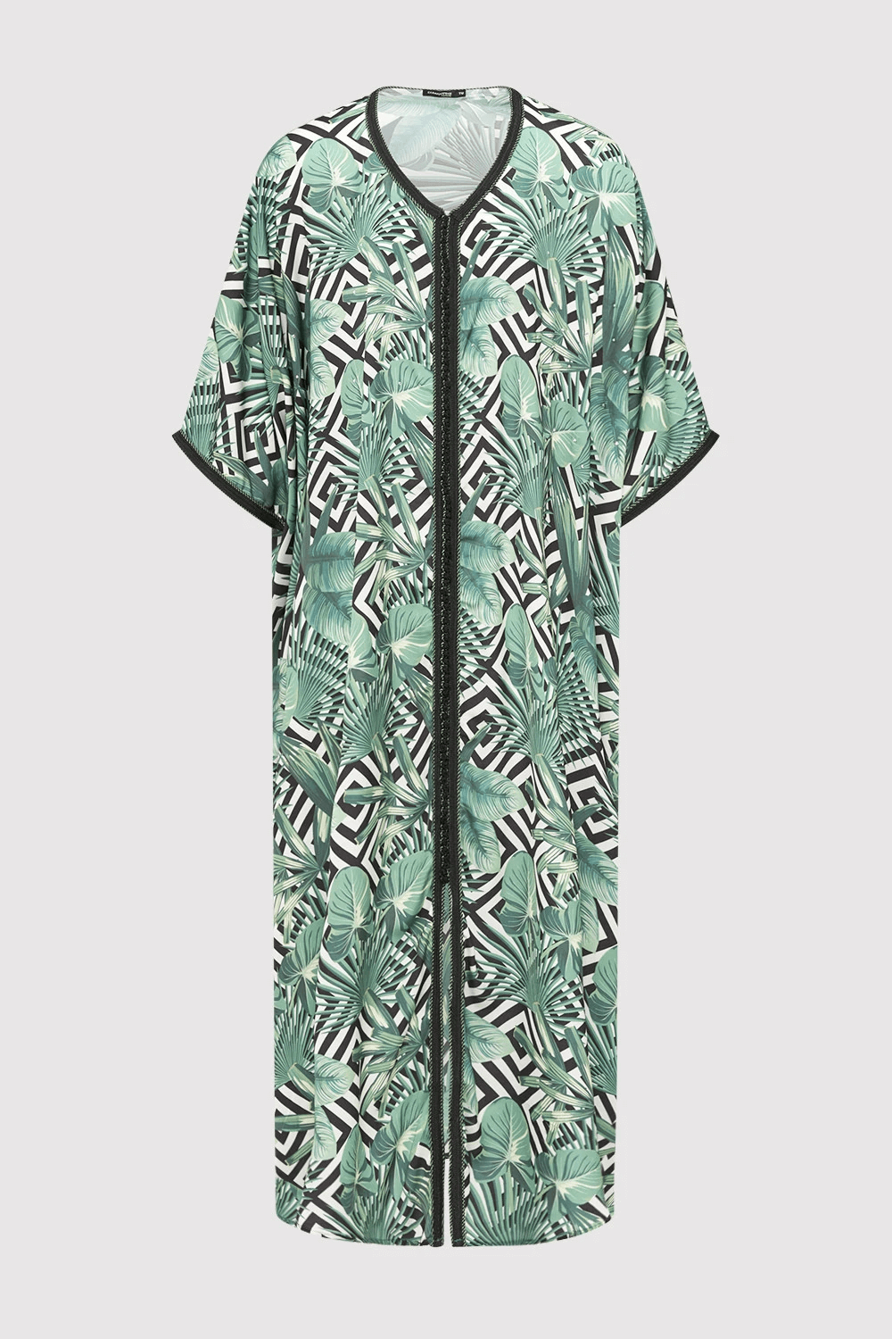 Kaftan Sofia Cropped Sleeve V-Neck Maxi Dress in Green and White Botanical Print