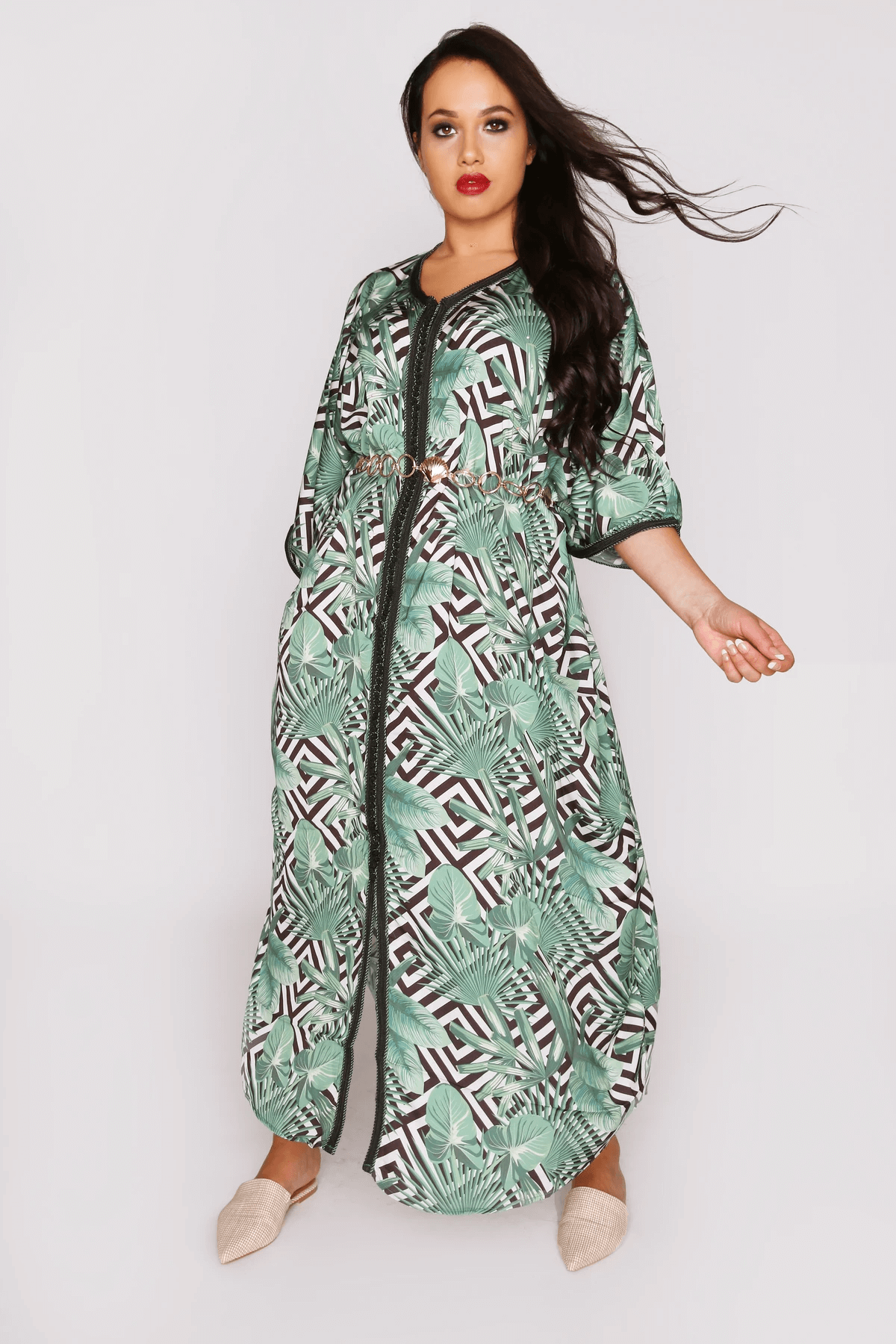 Kaftan Sofia Cropped Sleeve V-Neck Maxi Dress in Green and White Botanical Print