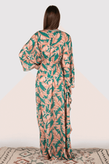 Kaftan Tarzana Adjustable Waist Long Flute Sleeve Maxi Dress in Salmon and Green Print