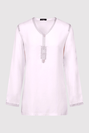 Dream Longline V-Neck Embroidered Shoulder Casual Long Sleeve Top in Pink