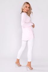 Dream Longline V-Neck Embroidered Shoulder Casual Long Sleeve Top in Pink