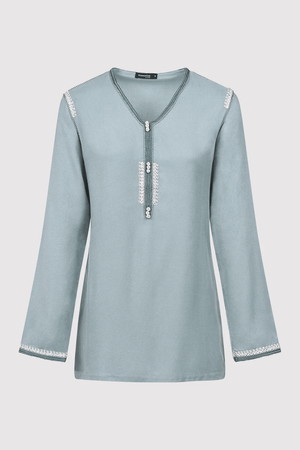 Dream Longline V-Neck Embroidered Shoulder Casual Long Sleeve Top in Blue