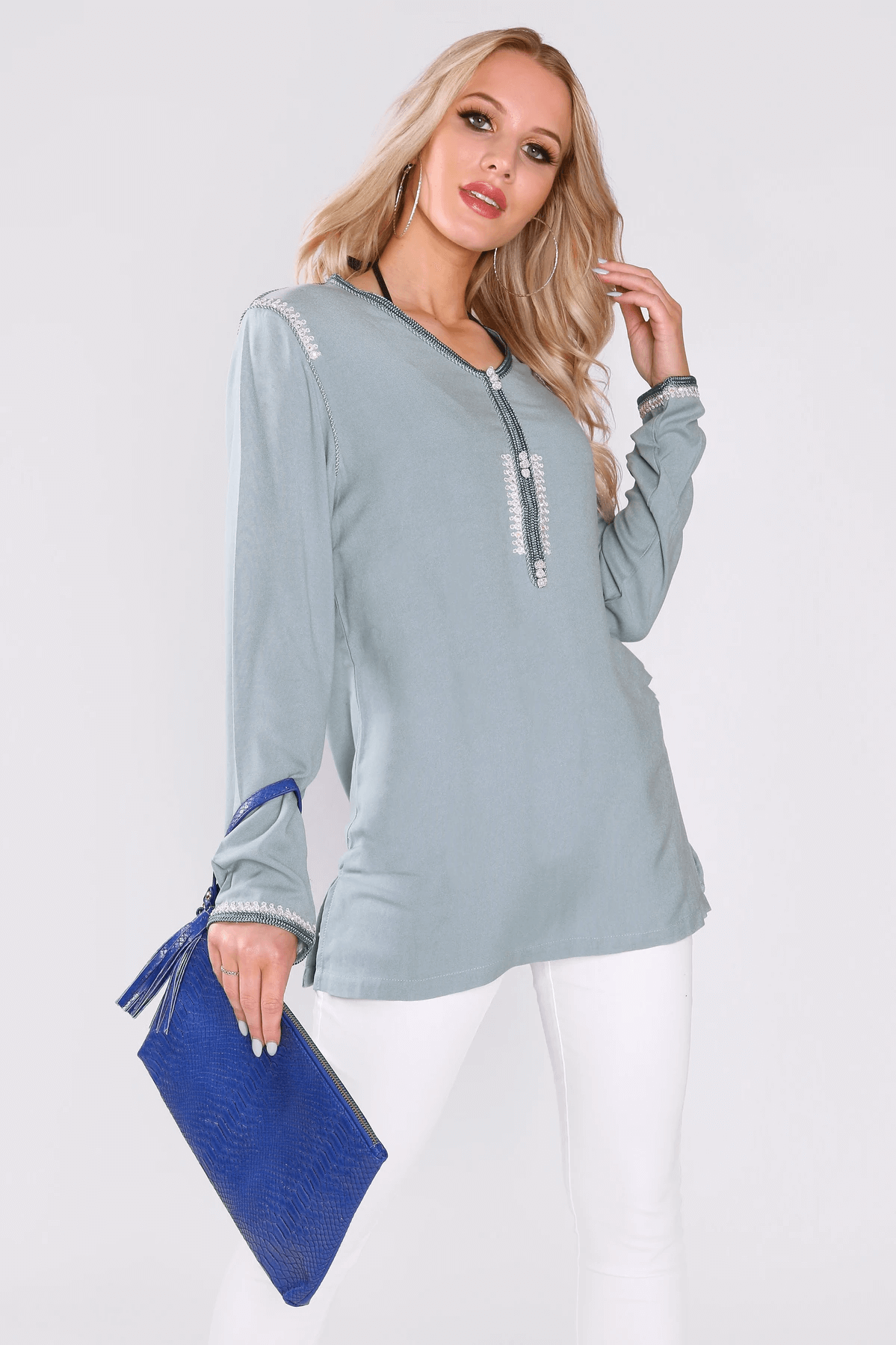 Dream Longline V-Neck Embroidered Shoulder Casual Long Sleeve Top in Blue