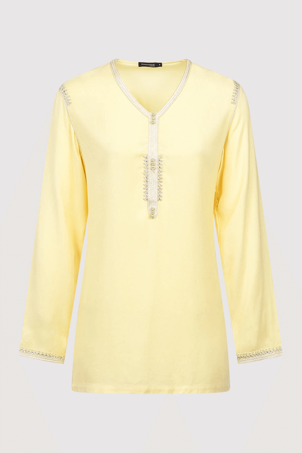 Dream Longline V-Neck Embroidered Shoulder Casual Long Sleeve Top in Yellow