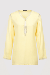 Dream Longline V-Neck Embroidered Shoulder Casual Long Sleeve Top in Yellow