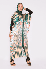 Kaftan Deborah Split Short Sleeve Maxi Dress in Salmon and Green Print