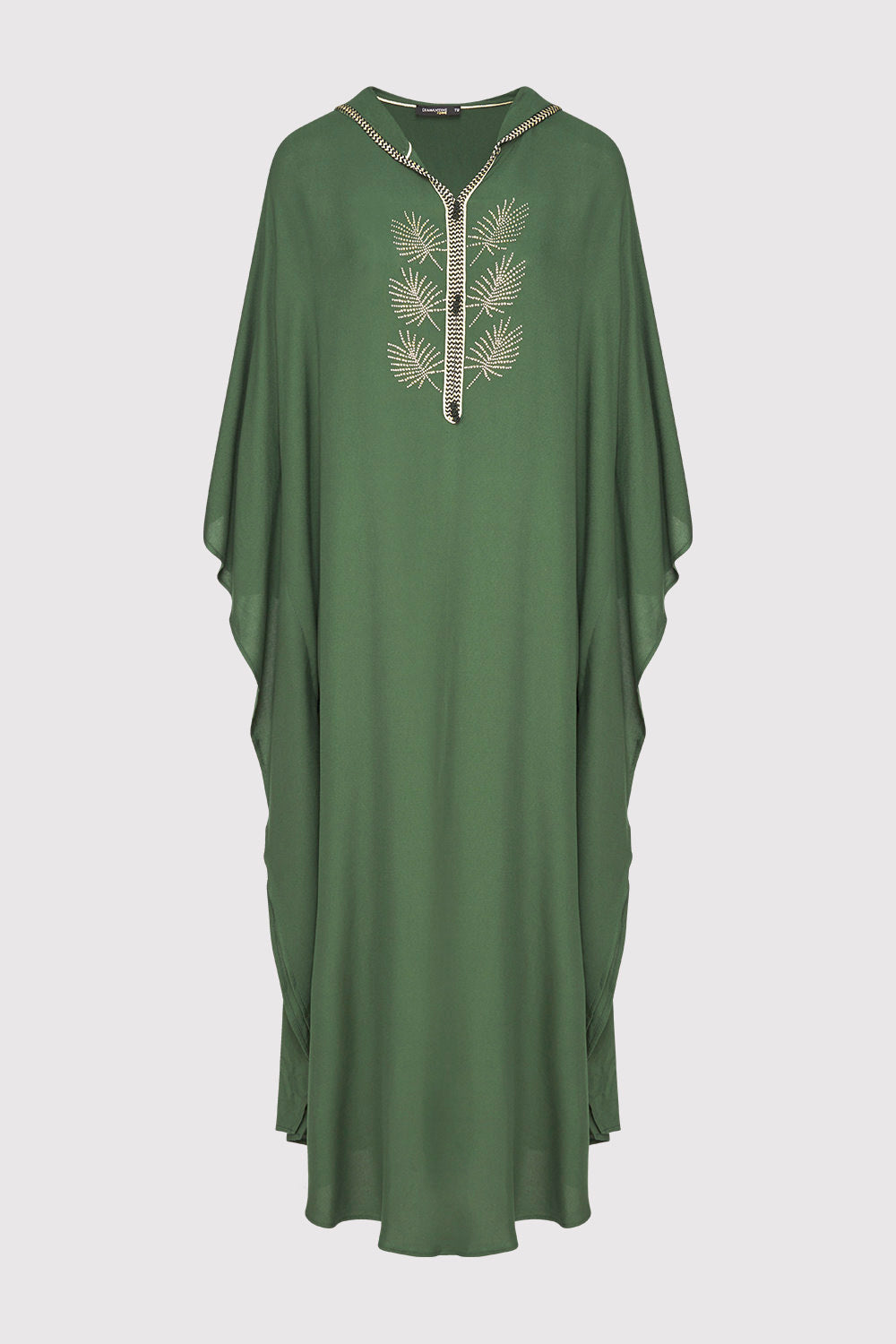 Kaftan Ludmila Cropped Sleeve Hooded Crystal Maxi Dress in Emerald Green