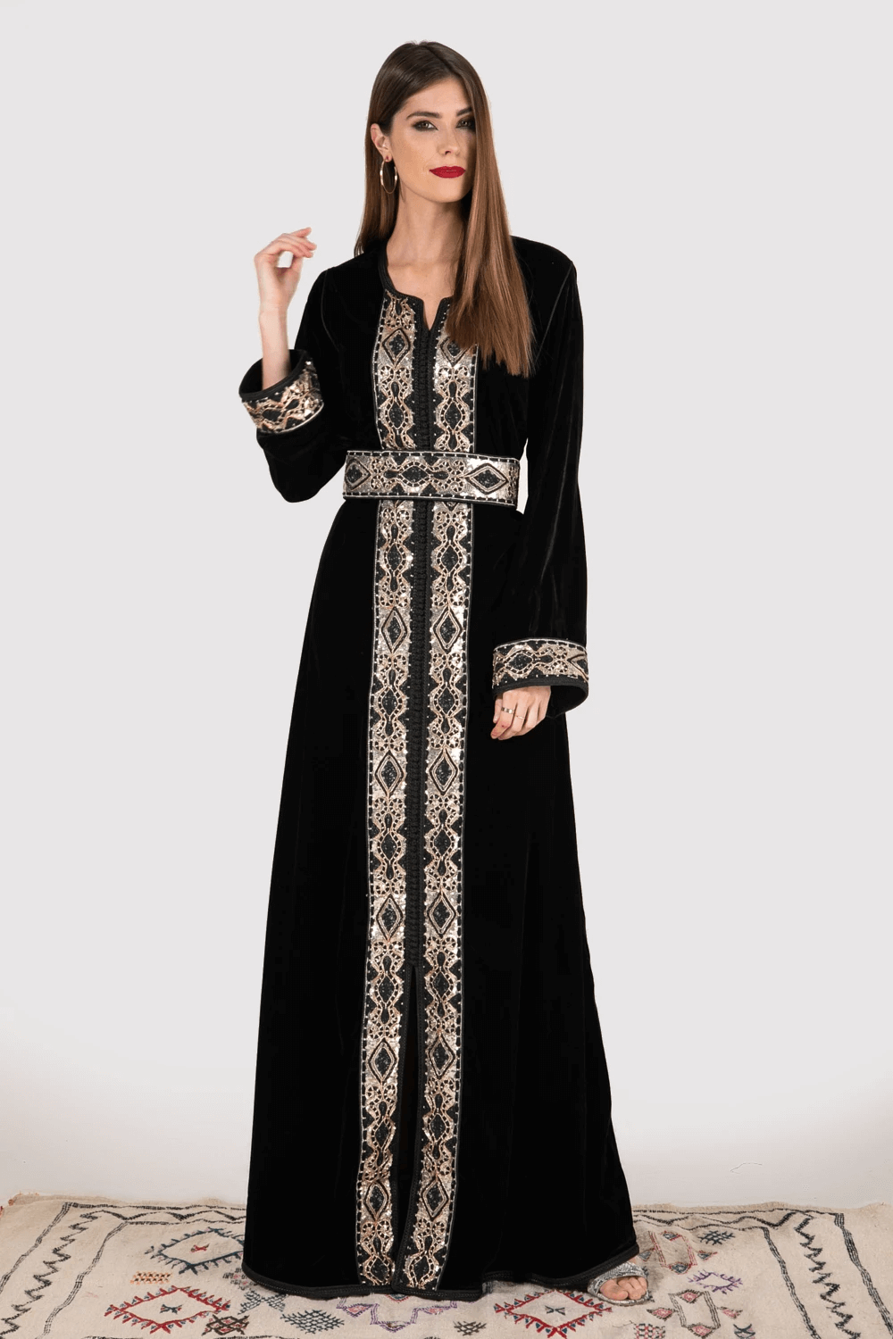 Lebssa Nahid Long Sleeve Formal Occasion Wear Full-Length Embroidered Dress in Black