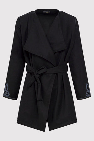 Gloria Waterfall Collar Embroidered Wrap Waist Belted Jacket in Black