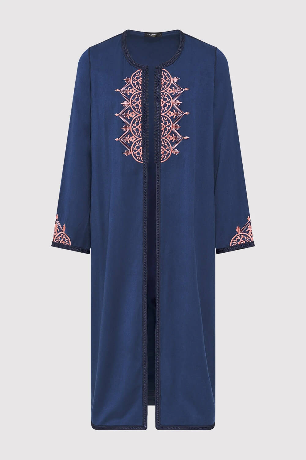 Jawahir Longline Satin Contrast Embroidered Collarless Midi Evening Jacket in Deep Blue