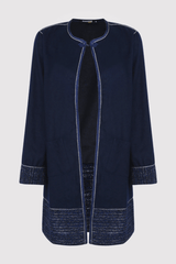Tilla Longline Midi Collarless Single Fasten Jacket with Tweed Panelling in Reflecting Pond Blue