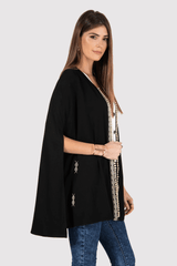 Eline Longline Collarless Embroidered Cape Jacket in Black