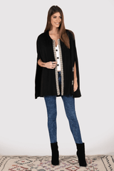 Eline Longline Collarless Embroidered Cape Jacket in Black