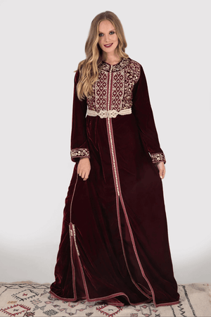 Lebssa Hilda Metallic Embroidered Occasion Wear Long Sleeve Dress and Belt in Rhubarb