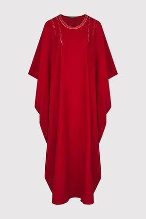 Kaftan Raphaella Oversized Long Sleeve Full-Length Round Neck Maxi Dress in Red Dahlia