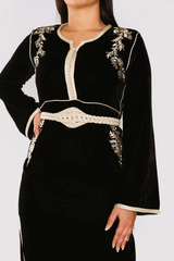 Lebssa Lola Velour Long Sleeve Occasion Wear Dress with Slits in Black and Gold