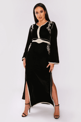 Lebssa Lola Velour Long Sleeve Occasion Wear Dress with Slits in Black and Gold