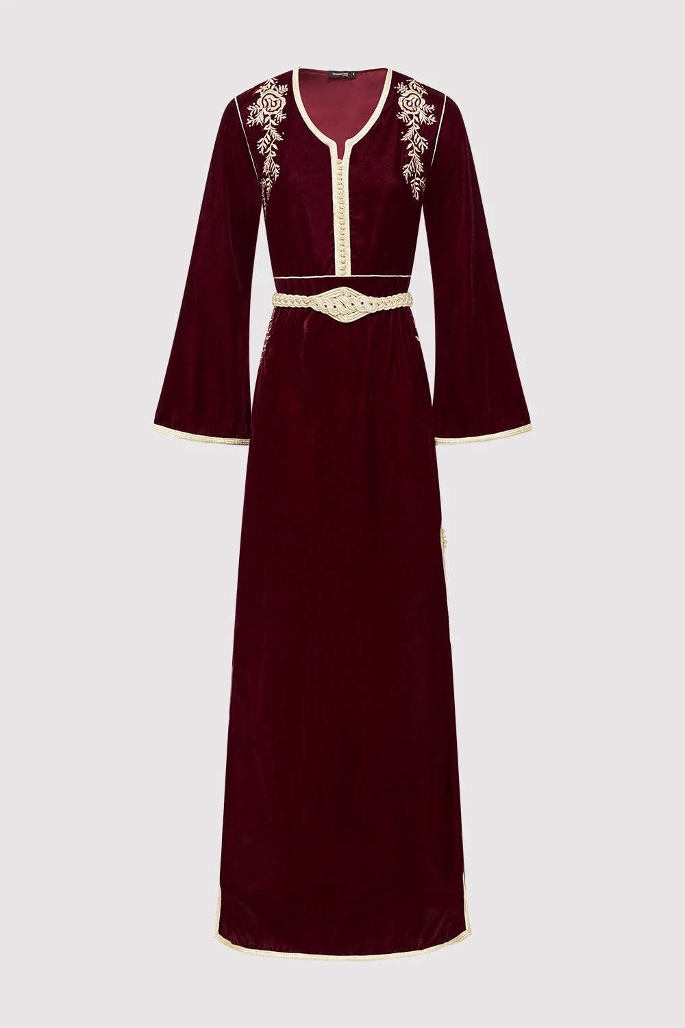 Lebssa Lola Velour Embroidered Occasion Wear Long Dress and Metallic Belt in Burgundy