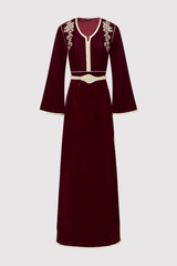 Lebssa Lola Velour Embroidered Occasion Wear Long Dress and Metallic Belt in Burgundy