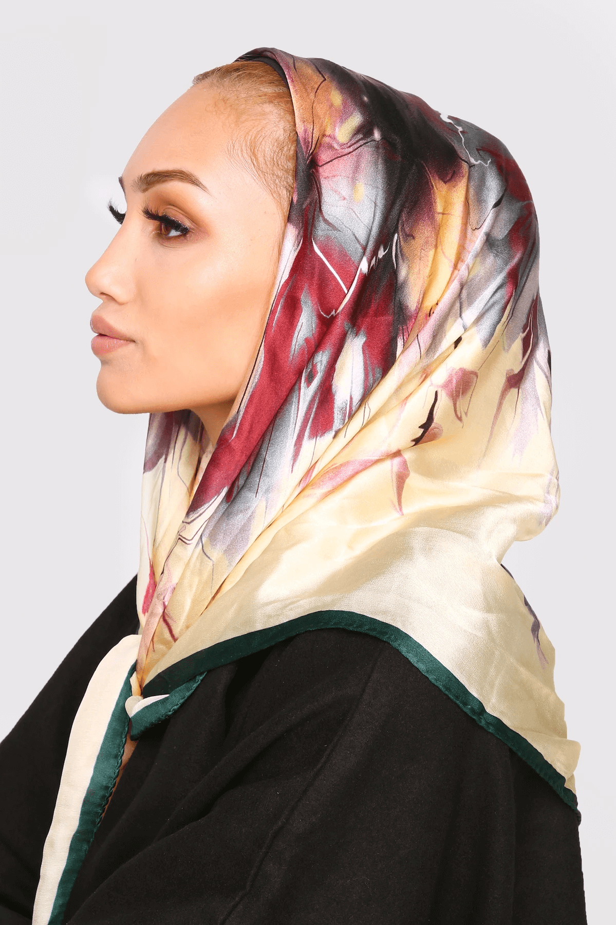 Silk Satin Scarf in Cream Burgundy Print Diamantine International