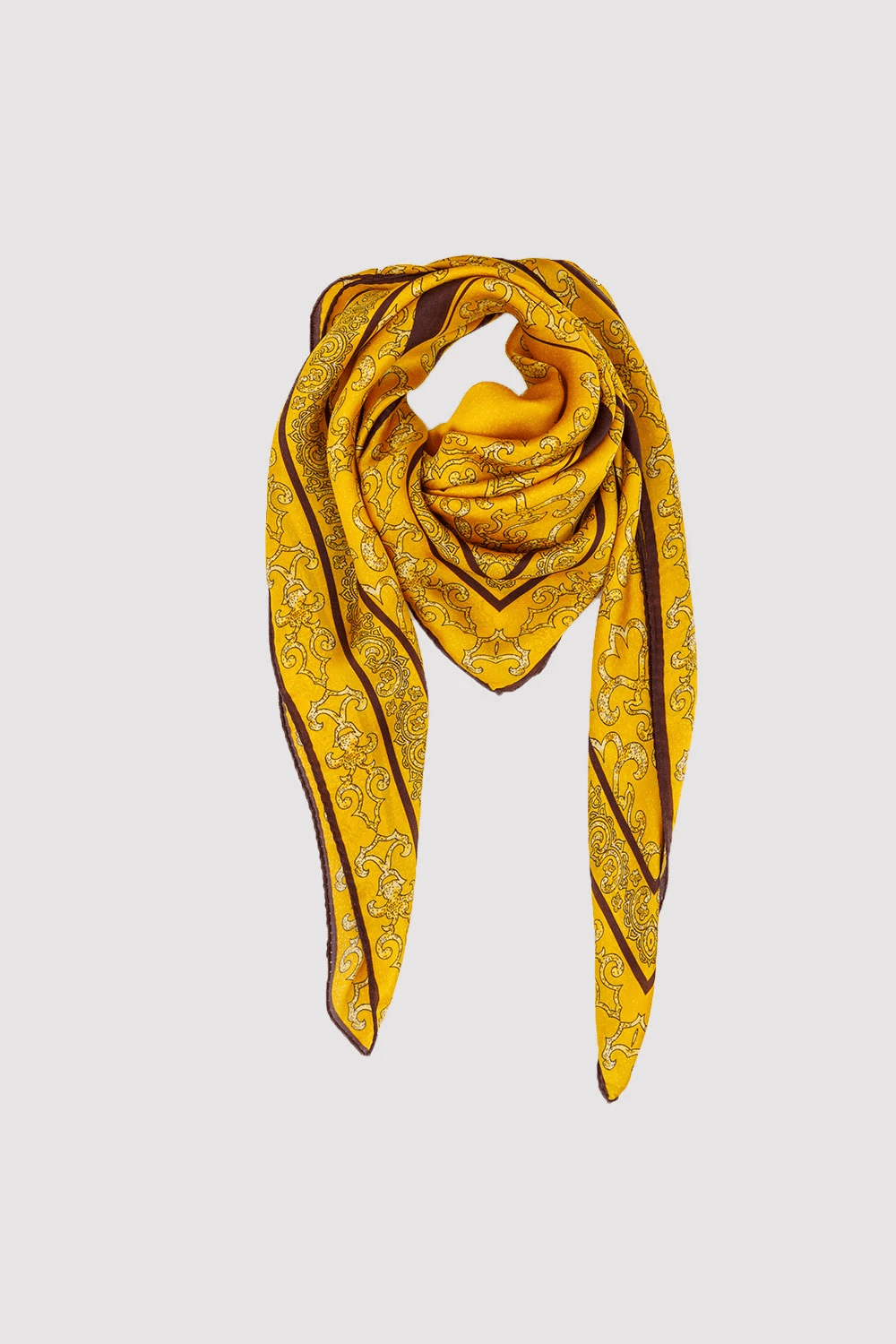 Silk Satin Scarf in Yellow & Brown Print