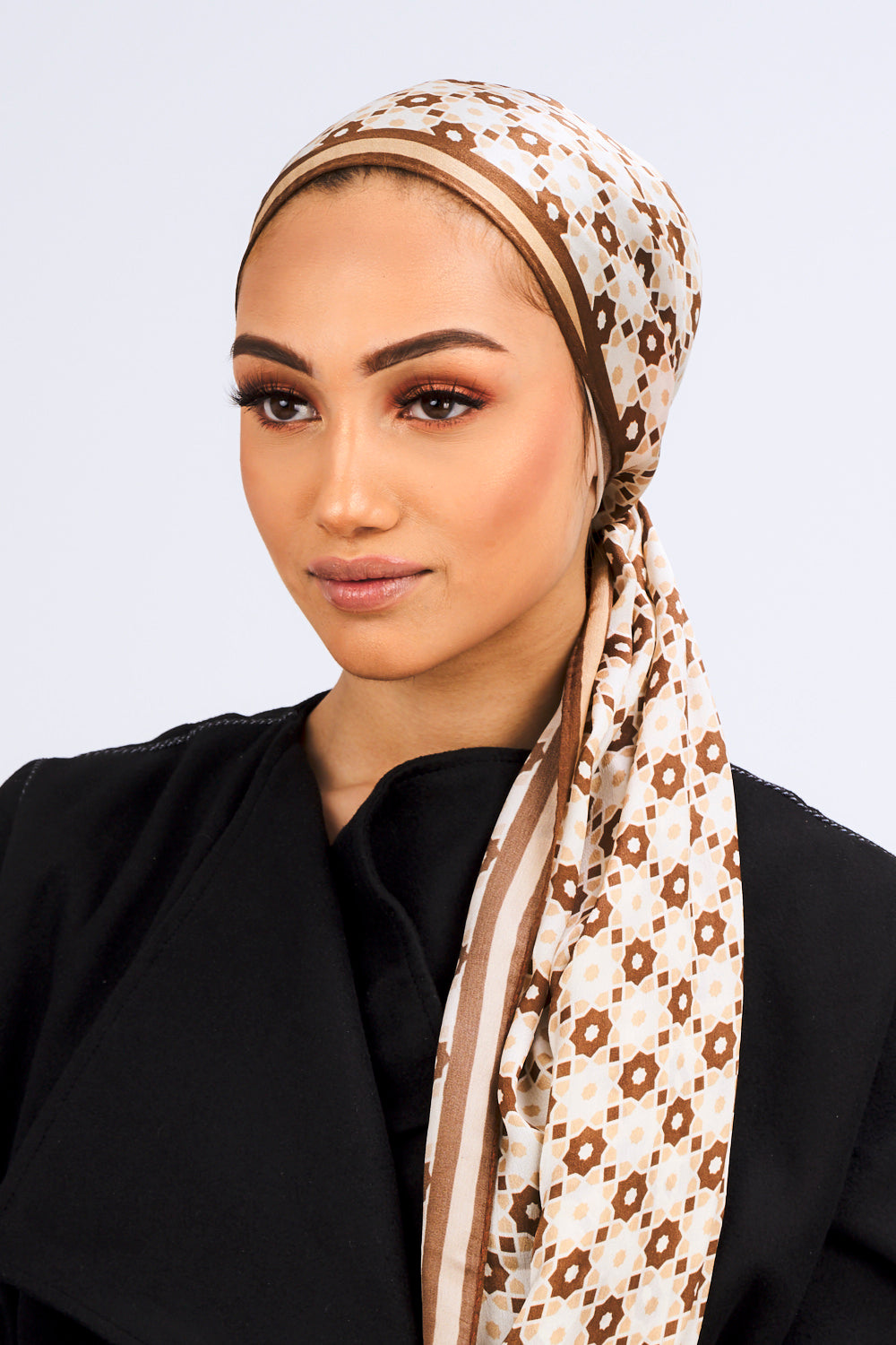 Silk Satin Scarf in Brown Beige Print – Diamantine International