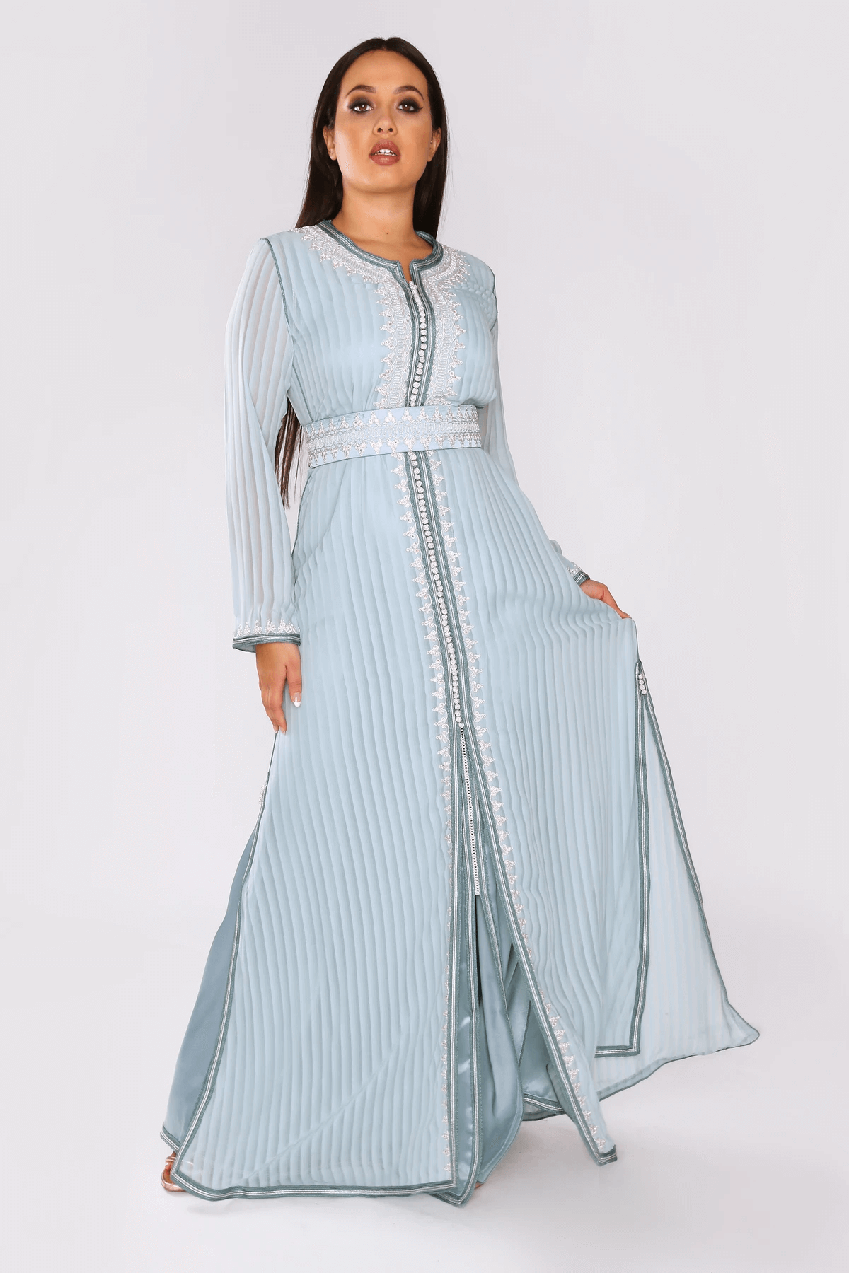 Lebssa Utopia Occasion Wear Formal Layered Maxi Dress and Belt in Striped Blue