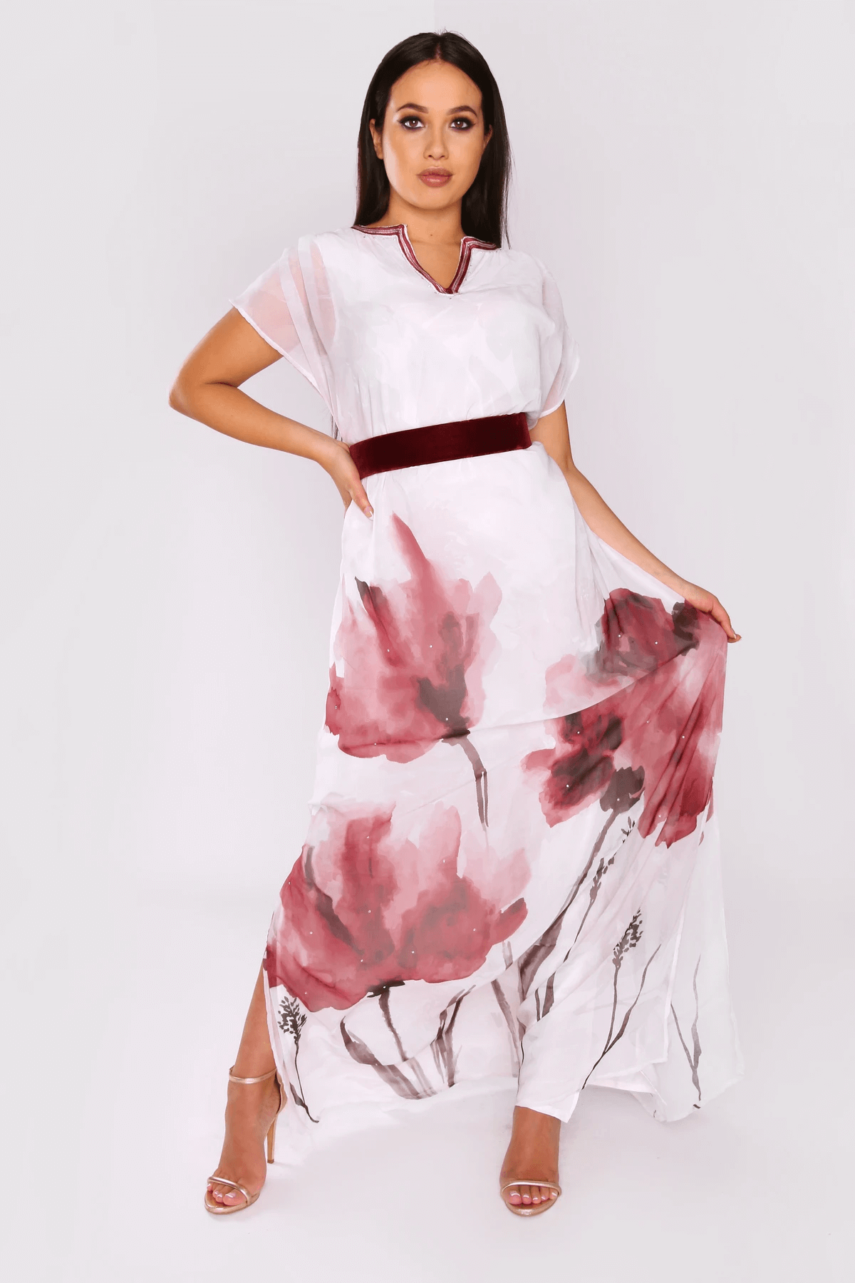Kaftan Aya Lightweight Short Sleeve V-Neck Maxi Dress in Floral Print