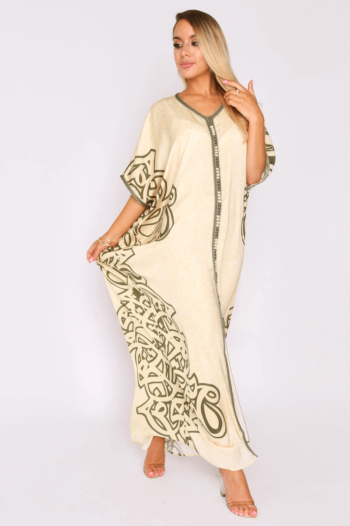 Kaftan Nouhad Oversized Short Sleeve Maxi Dress in Cream and Khaki Print