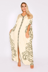 Kaftan Nouhad Oversized Short Sleeve Maxi Dress in Cream and Khaki Print