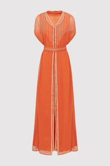 Lebssa Vanessa Short Sleeve Embroidered Long Occasion Wear Maxi Dress and Belt in Orange