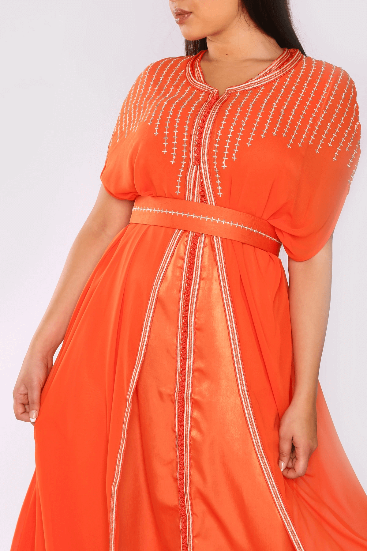 Lebssa Vanessa Short Sleeve Embroidered Long Occasion Wear Maxi Dress and Belt in Orange