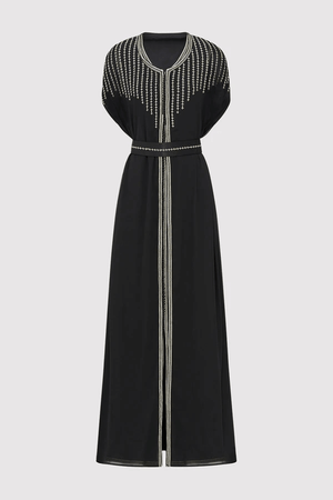 Lebssa Vanessa Short Sleeve Embroidered Long Occasion Wear Maxi Dress and Belt in Black