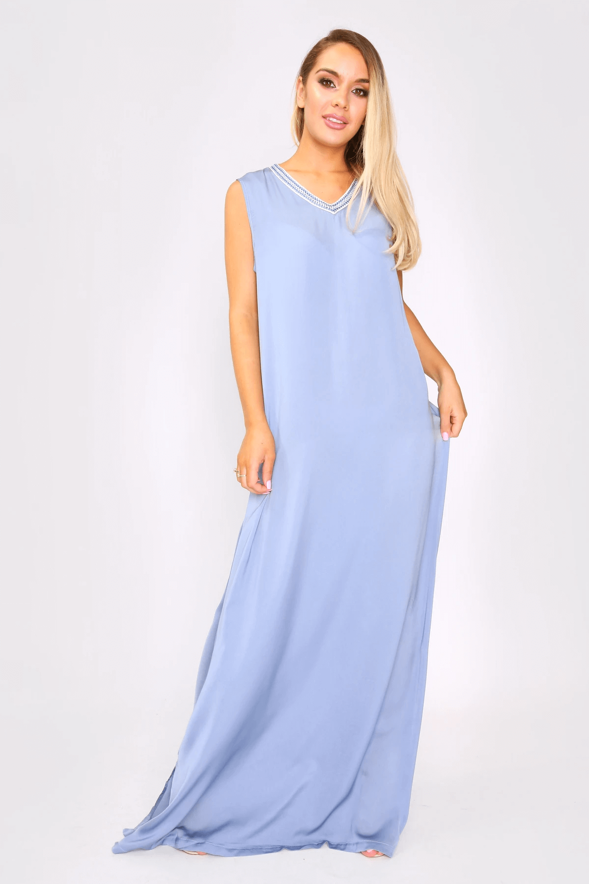 Kaftan Dunya Embroidered Trim Split Sleeve Long Maxi Dress and Duster Cover Up in Blue
