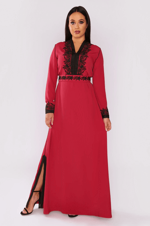 Lebssa Israa Contrast Embroidery Occasion Wear Formal Long Maxi Dress and Belt in Raspberry