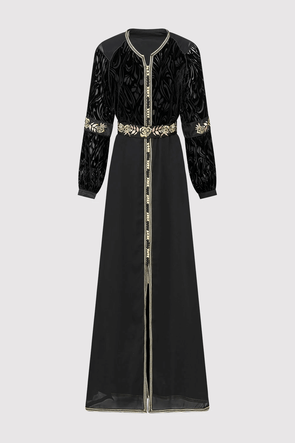 Lebssa Edwige Special Occasion Formal Long Dress with Sheer Velour Sleeves and Belt in Black