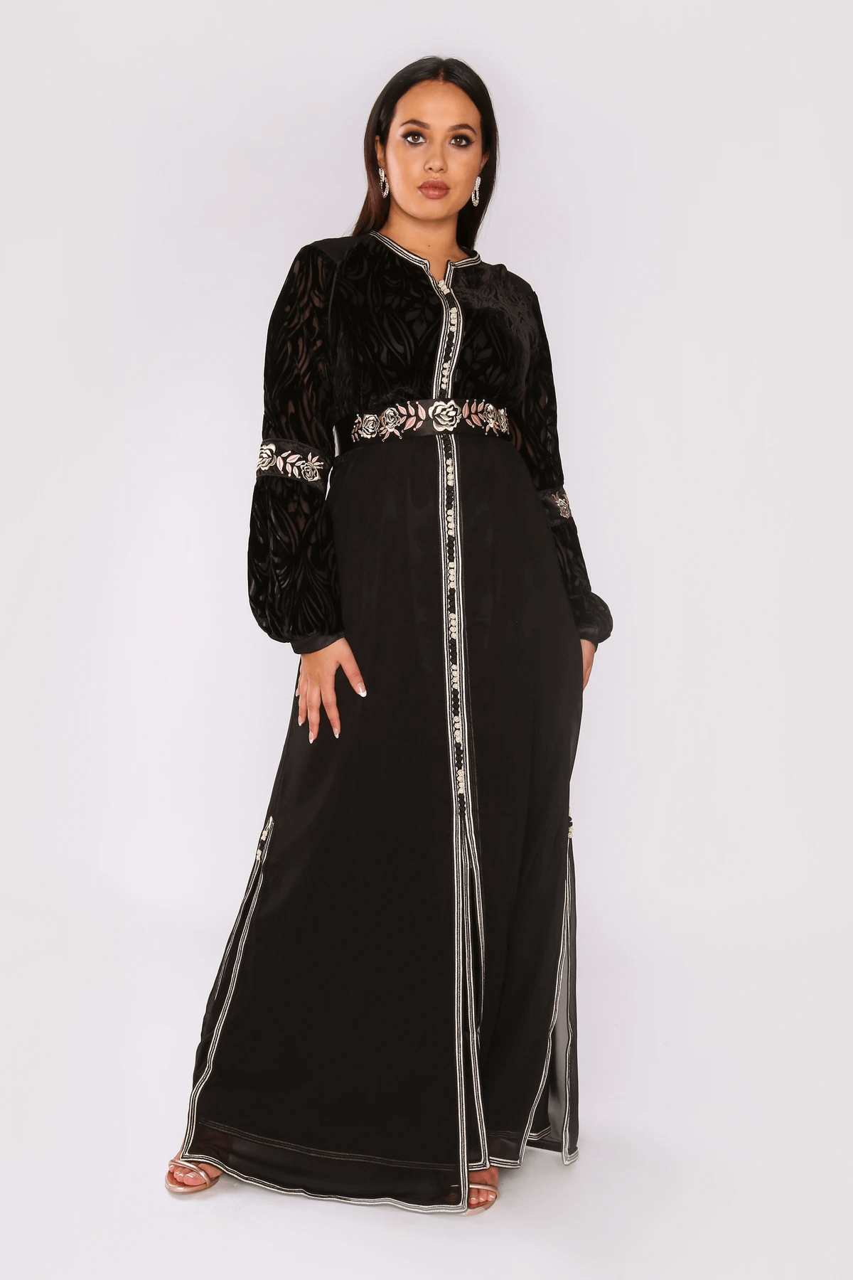 Lebssa Edwige Special Occasion Formal Long Dress with Sheer Velour Sleeves and Belt in Black